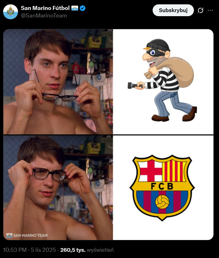 Tak fanowski profil San Marino MEMUJE z wczorajszego meczu Barcelony xD